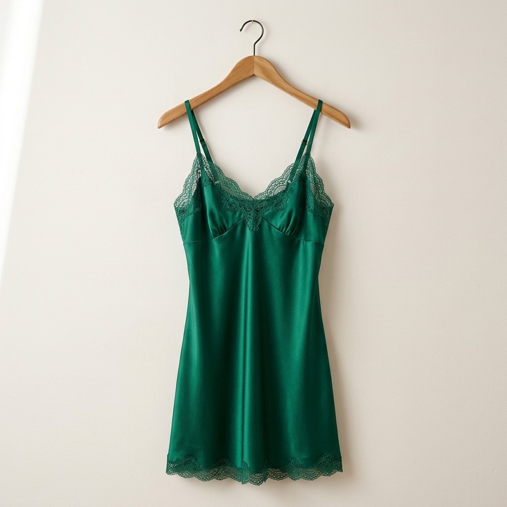 Camisola Curta em Cetim com Renda Verde Esmeralda
