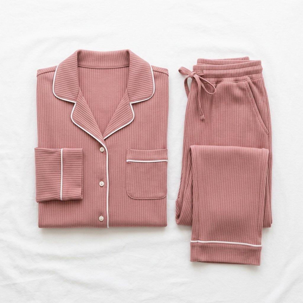 Pijama Longo Canelado Algodão Egípcio Rosa